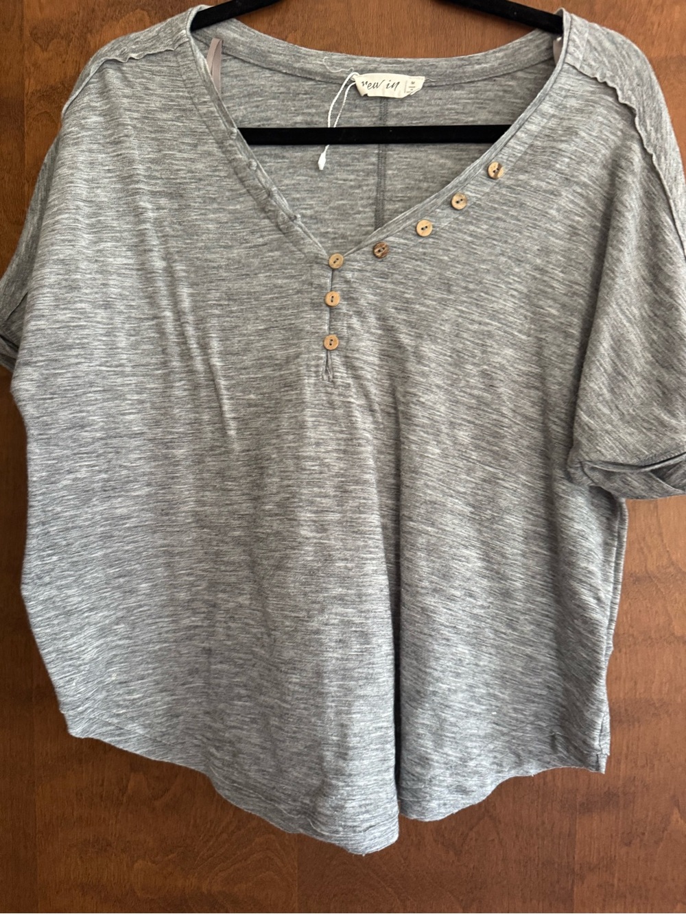 Gray V-Neck Short Sleeve Top with Button Trim